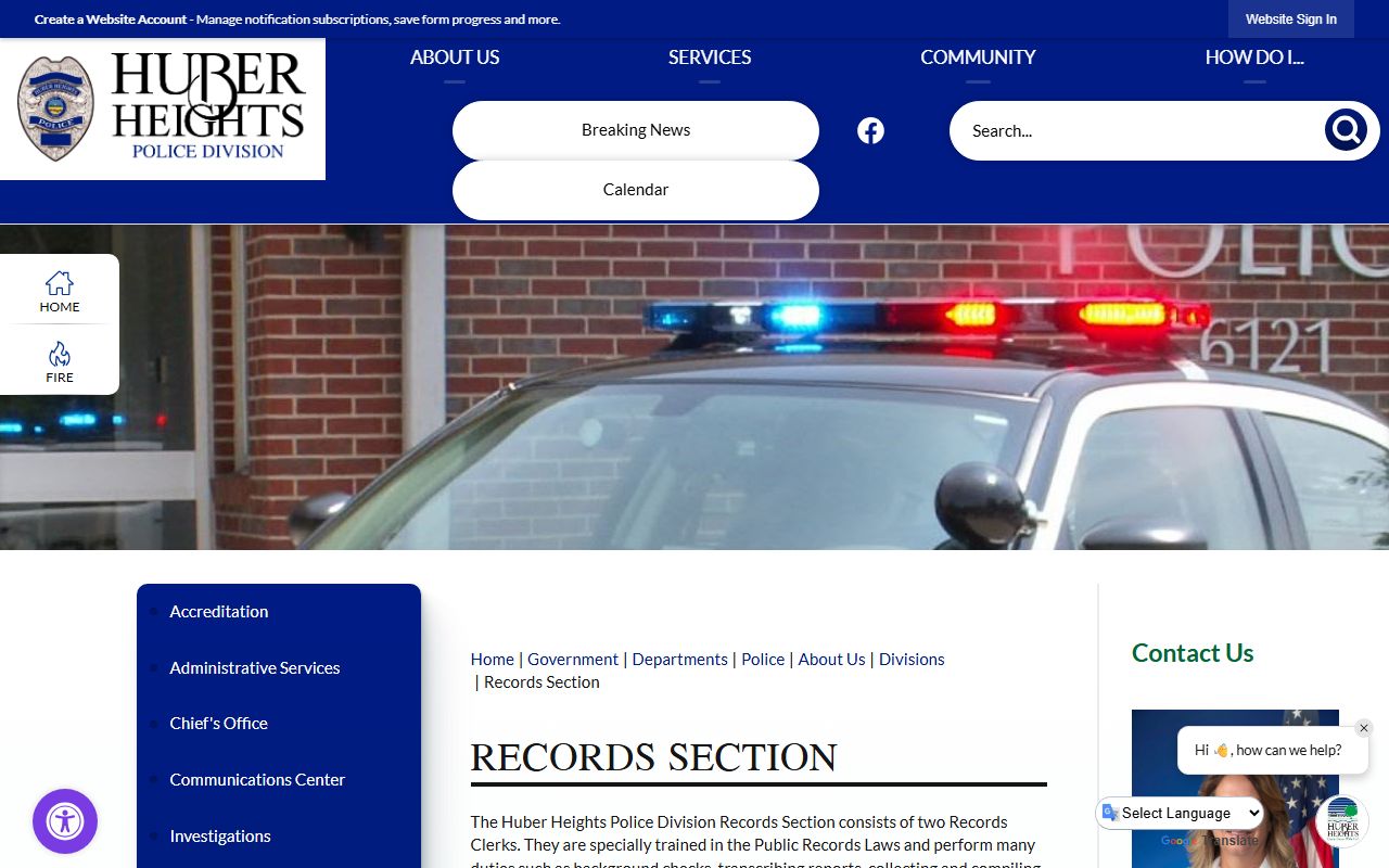 Huber Heights Police Records Section for Huber Heights bankruptcy records