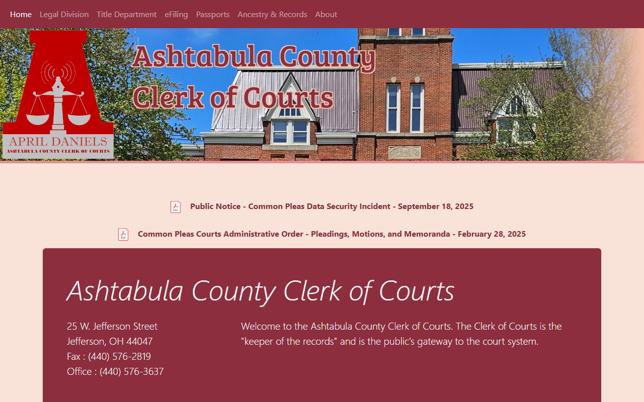 Ashtabula County Clerk of Courts for Ashtabula County bankruptcy records