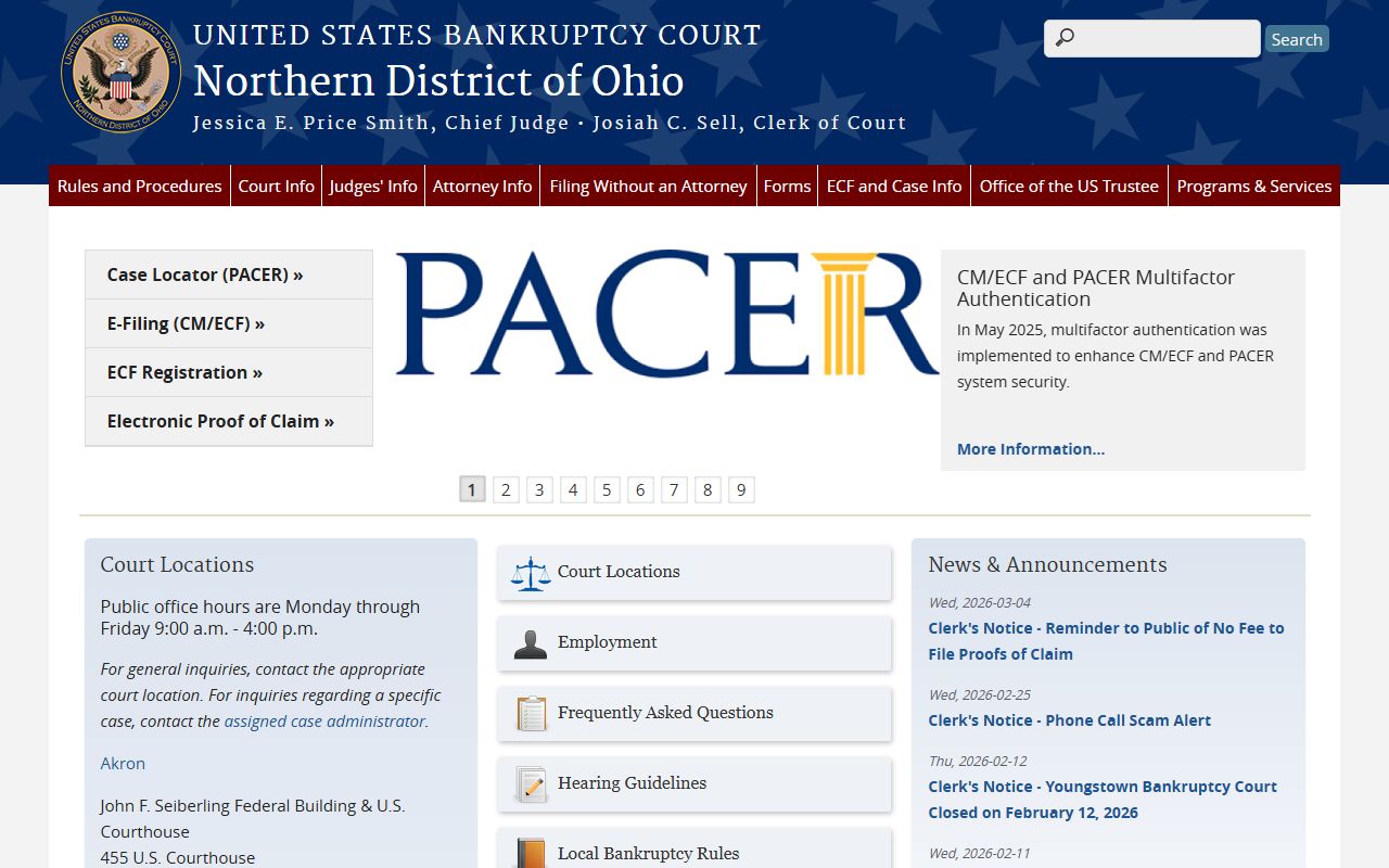 Northern District of Ohio Bankruptcy Court homepage for Ohio bankruptcy records