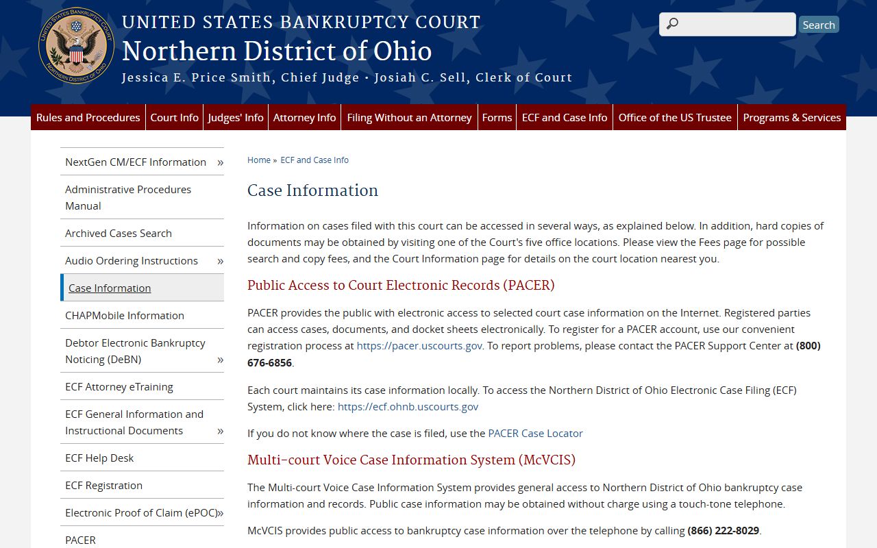 Northern District case information page for Ohio bankruptcy records access